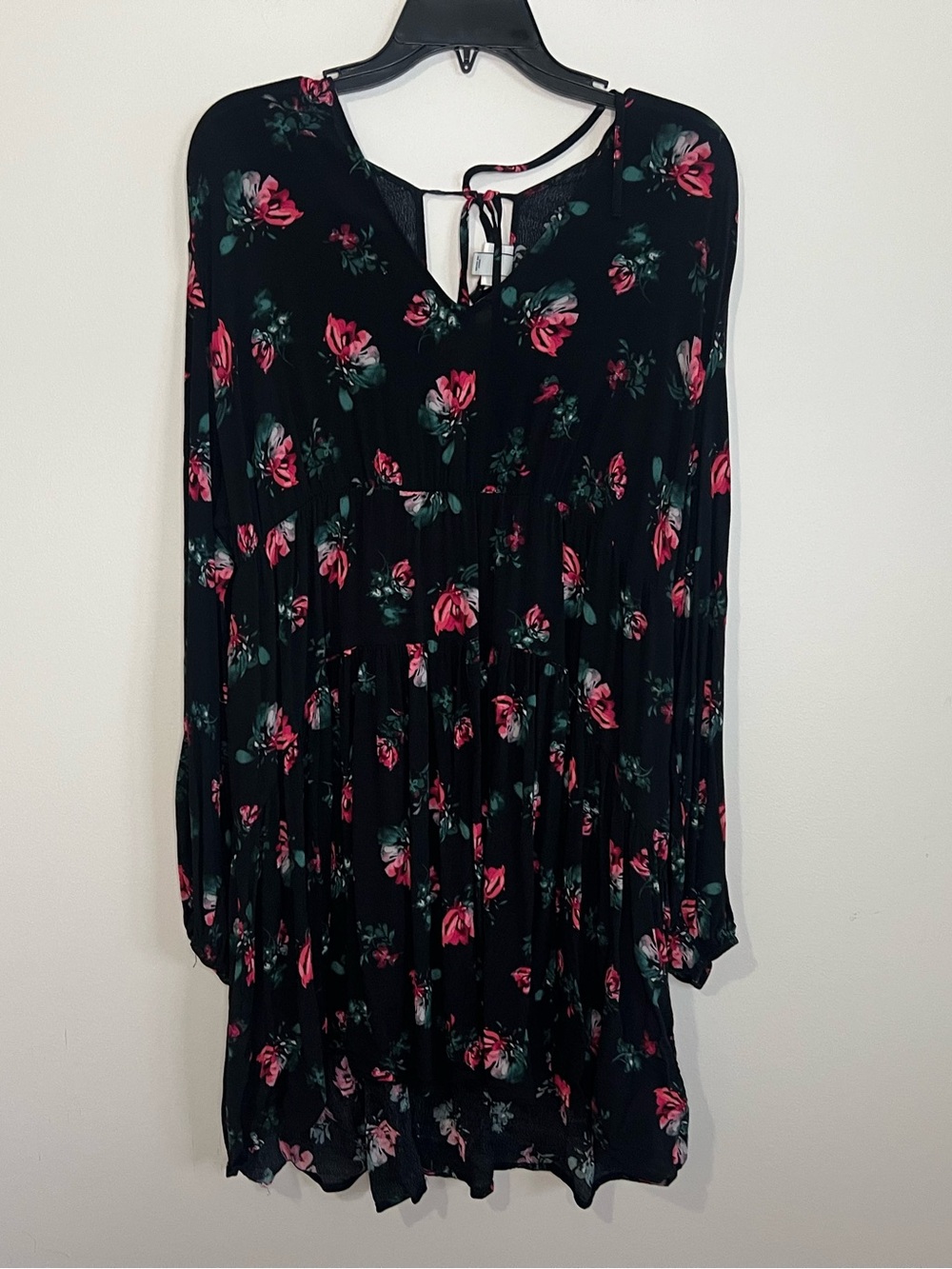 a new day Black Long-Sleeve Dress with Pink Rose Print